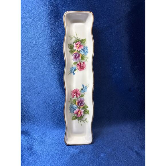 Fine Bone China Long Trinket Dish Accented with Flowers England - Picture 3 of 5